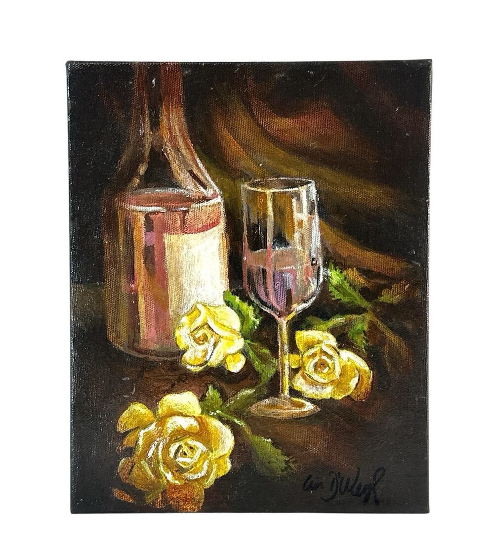 Signed Original Oil Painting Wine Bottle Glass Yellow Roses Still Life 8x10